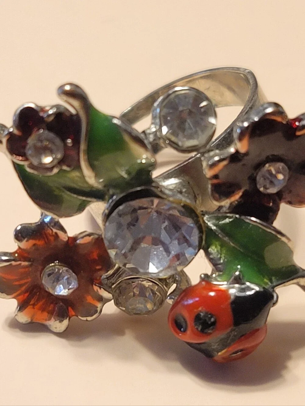 Silver Floral Ring with Green Leaves and Red Ladybug Accent Size 6